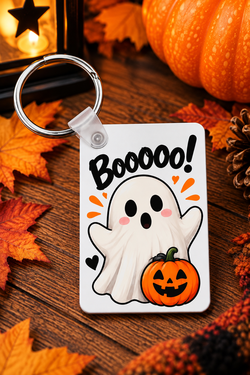 Cute dog ghost Halloween keychain holding a pumpkin bucket