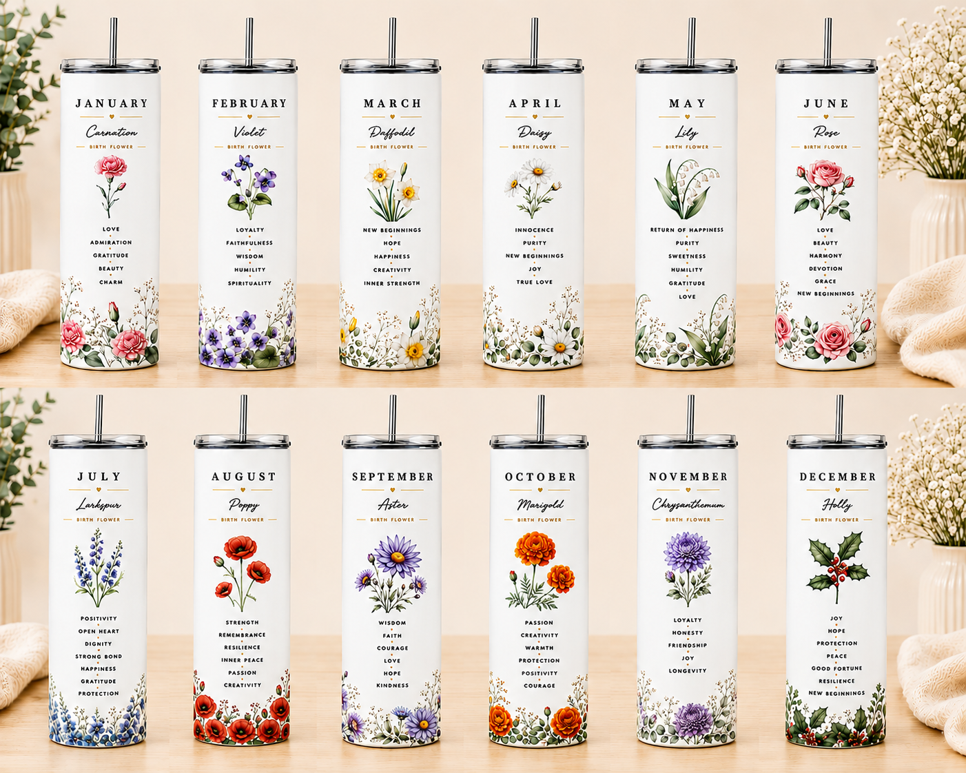 Birth Flower Personalized Skinny Tumbler- 600 ml