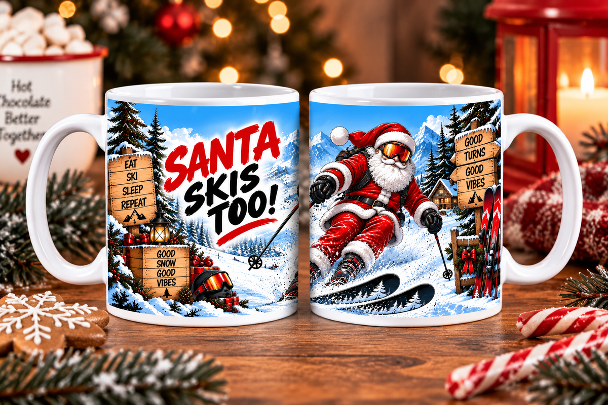 Skiing: Santa Skis Too Christmas mug for skiing lovers