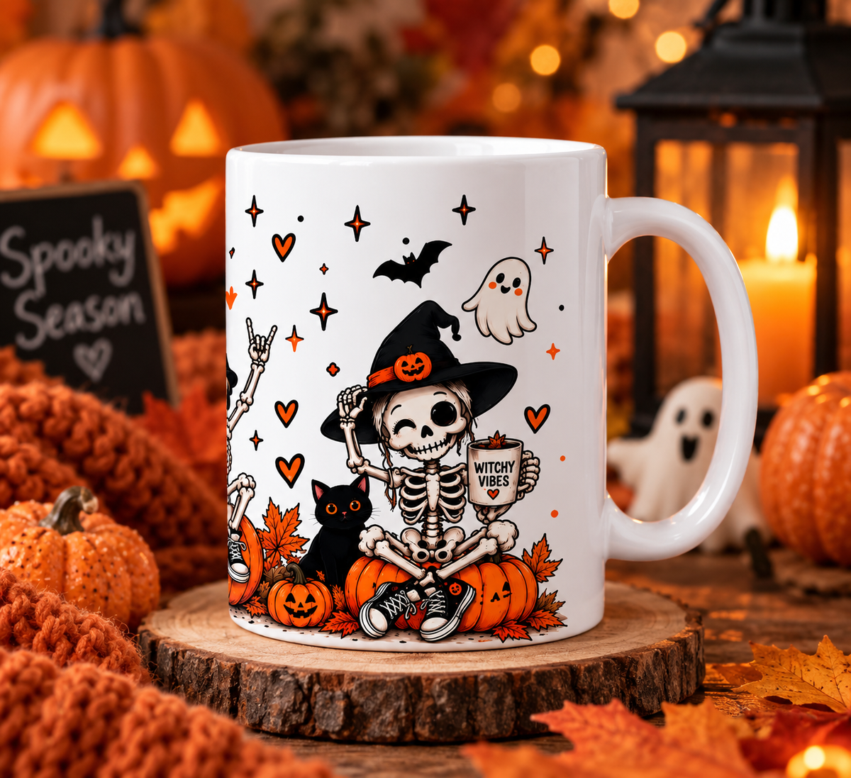 Spooky Vibes mug with witchy skeleton pumpkin and bat design