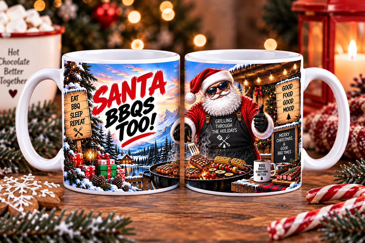  BBQ: Santa BBQs Too Christmas mug for BBQ and grilling lovers