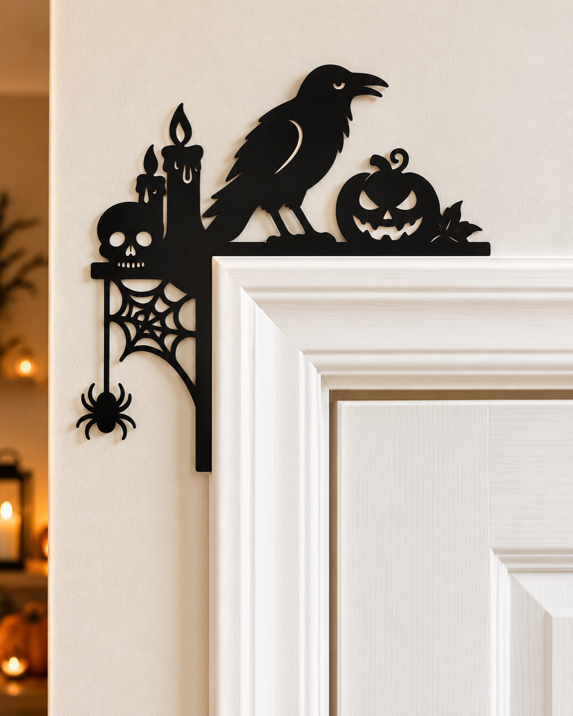 Raven / candles:
Black 3D printed Halloween door corner decoration with raven, candles, skull, pumpkin and spider web
