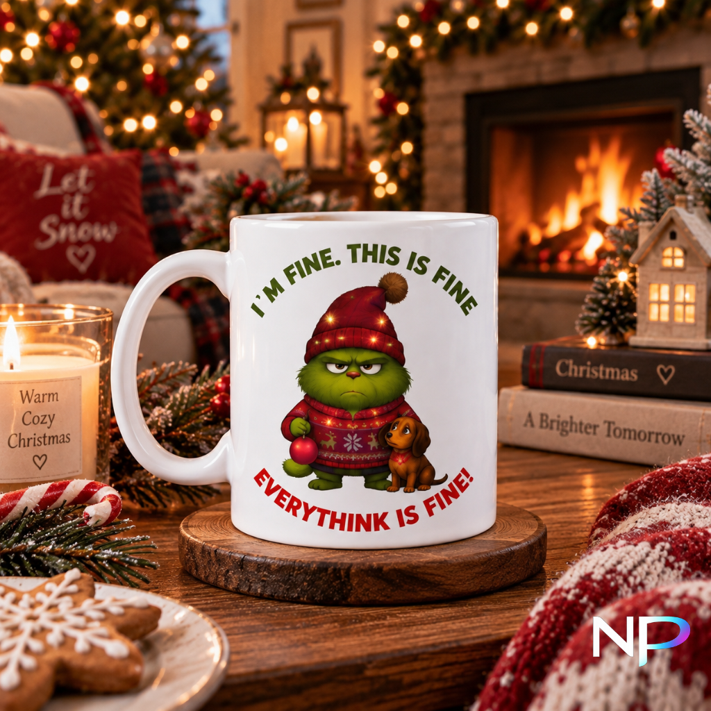 Funny Christmas mug with grumpy green character and dog by a cozy fireplace