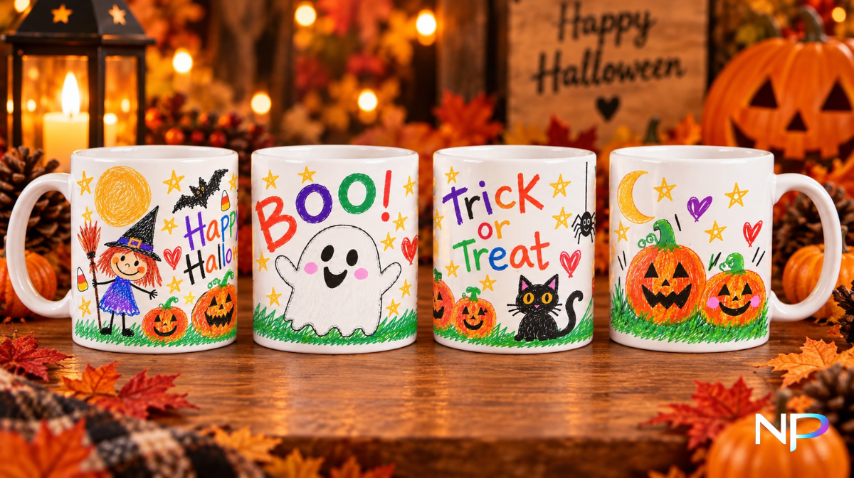 Four hand-drawn Halloween mug designs including witch, ghost, cat and pumpkins