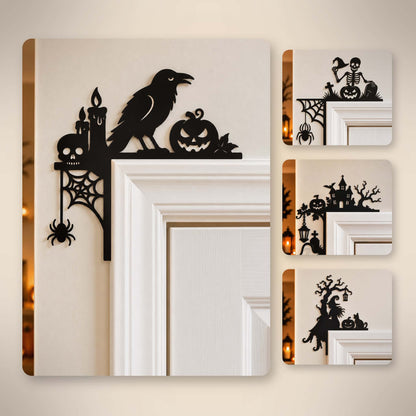 Halloween door corner decoration collection with four black 3D printed spooky designs displayed on door frames