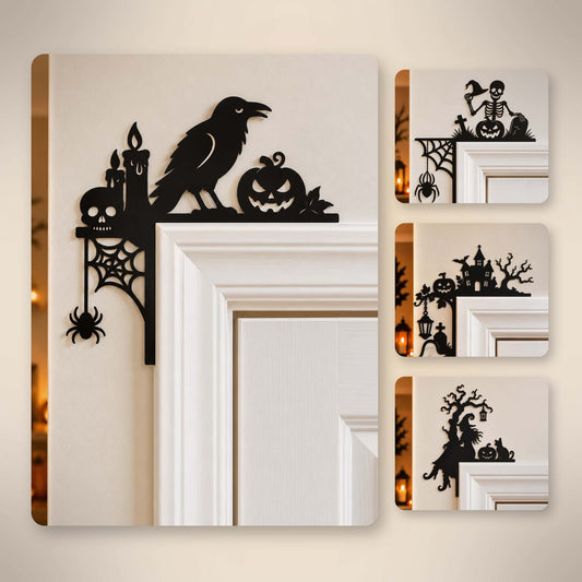 Halloween door corner decoration collection with four black 3D printed spooky designs displayed on door frames